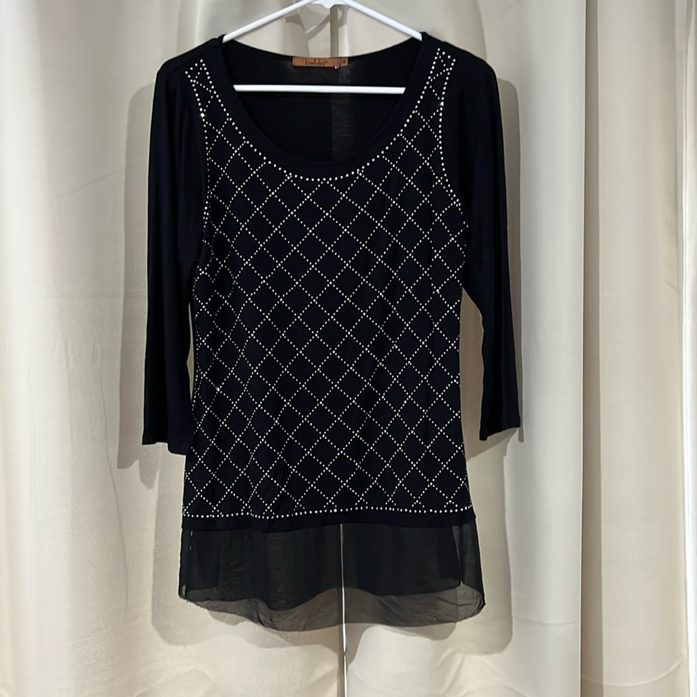 Women’s BELLDINI - Black Rhinestone Stretch Blouse, 3/4 Sleeve, Size Medium.